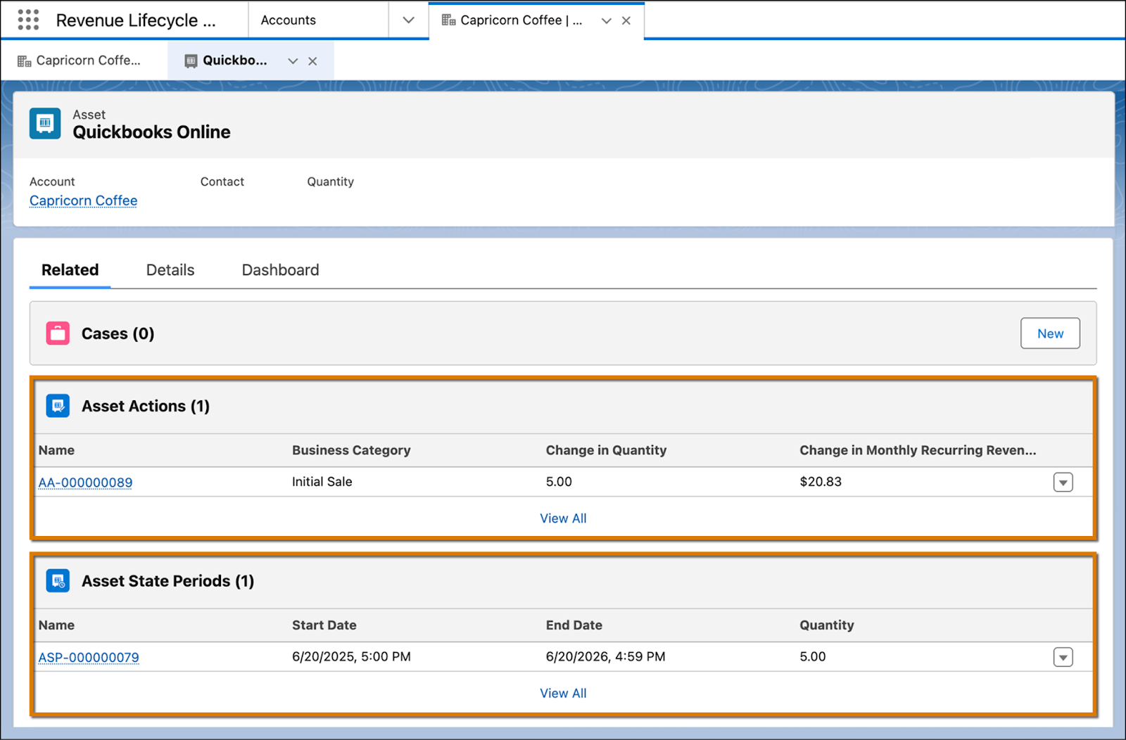 [Related (関連)] タブで強調表示された [Asset Actions (納入商品アクション)] コンポーネントと [Asset State Periods (納入商品状態期間)] コンポーネント。