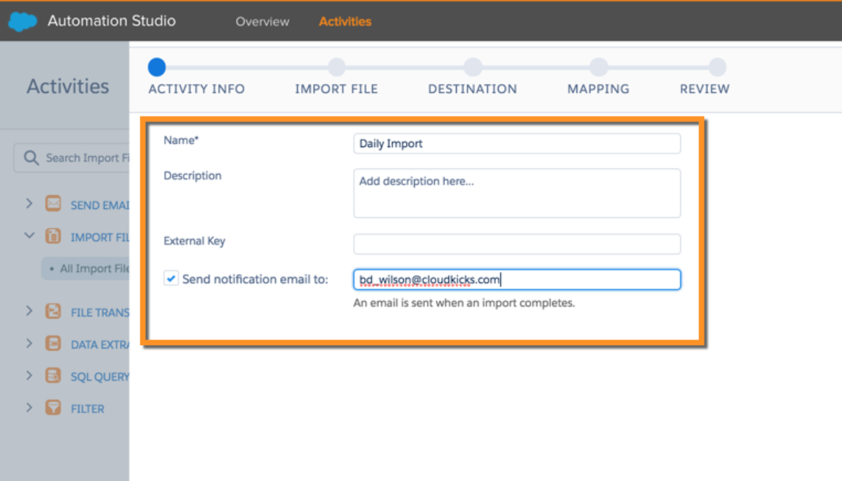 The "send notification email" property added to the import file activity in Automation Studio activities.