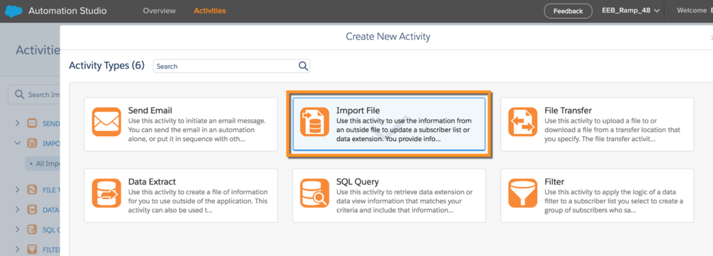 The import file activity type selected in Automation Studio activities. 