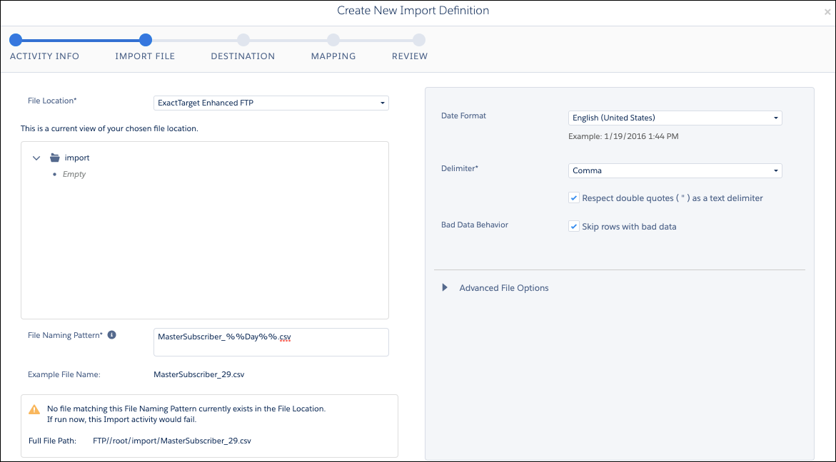 The file naming pattern added to the import file activity in Automation Studio Activities.