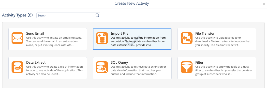 O tipo de atividade de importação de arquivo selecionado nas atividades do Automation Studio.