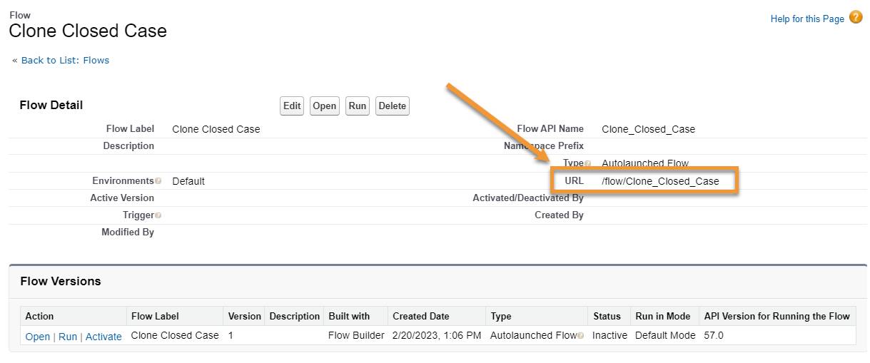 A flow’s Details and Versions page, highlighting the URL field. In this image, the flow’s API name is Assign_Case_Priority, so the URL is /flow/Assign_Case_Priority.