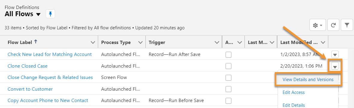 The Flows page in Setup, highlighting a flow’s Show more actions menu.