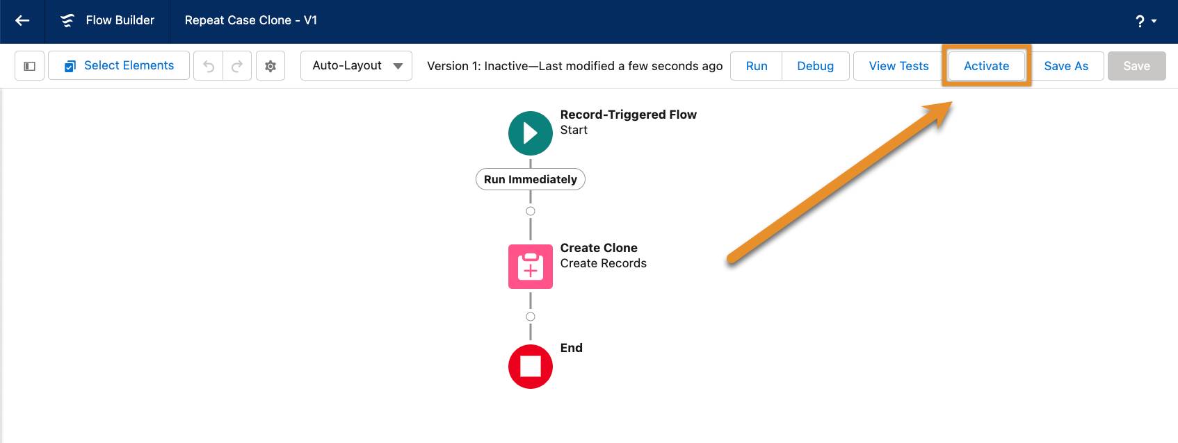 The Activate button in the Flow Builder button bar.