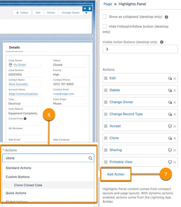 The Highlights Panel properties pane, upgraded to show Dynamic Actions and the Add Action button.