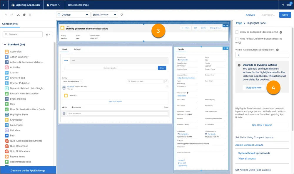 The Lightning App Builder, with the Highlights Panel and the properties pane’s Upgrade Now button highlighted corresponding to the following steps.