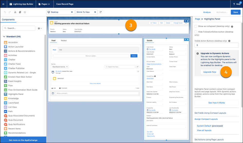 以下の手順に対応する Lightning アプリケーションビルダー。強調表示パネルとプロパティペインの [Upgrade Now (アップグレードに関するお問い合わせ)] ボタンが強調表示されている。