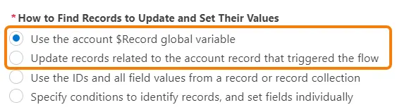 How to Find Records to Update and Set Their Values settings corresponding to the preceding descriptions