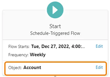 The Start element with object set to account