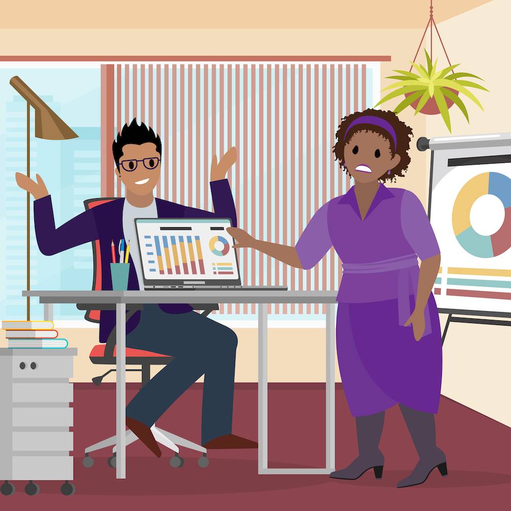 assignment workflow in salesforce A user sitting at his desk with a sheepish smile and a shrug. Flo Smith is standing beside him, looking disapproving and gesturing to his screen.