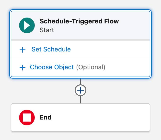 [Set Schedule (スケジュールを設定)] と [Choose Object (Optional) (オブジェクトを選択 (省略可能))] という の 2 つのメニュー項目が表示されている開始要素