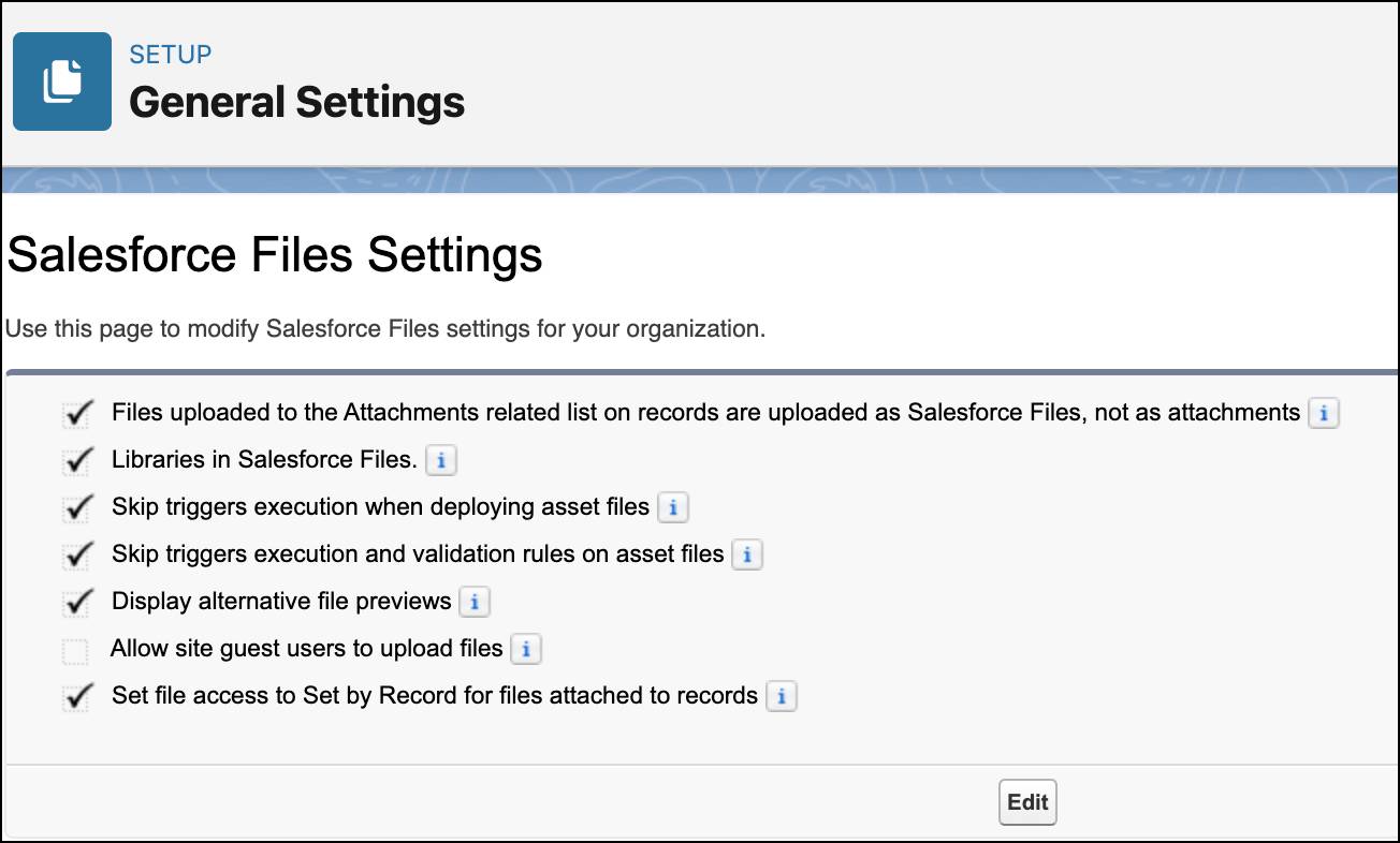 The General Settings window within Salesforce Files Settings.