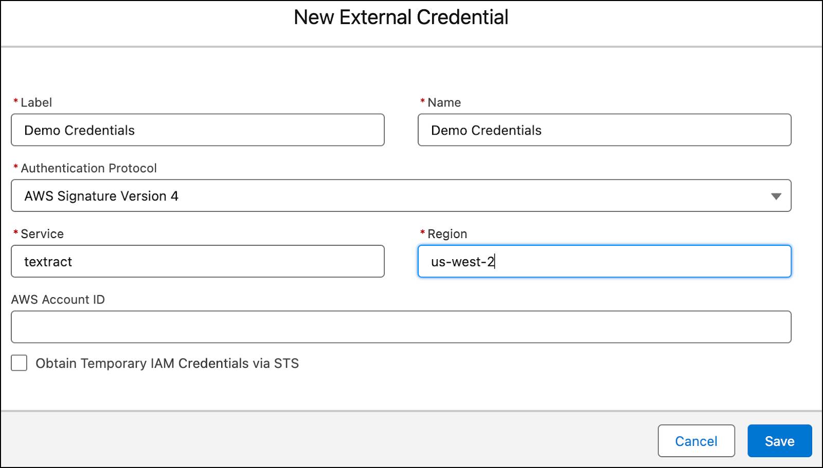 The New External Credential window showing the details of the external credential.