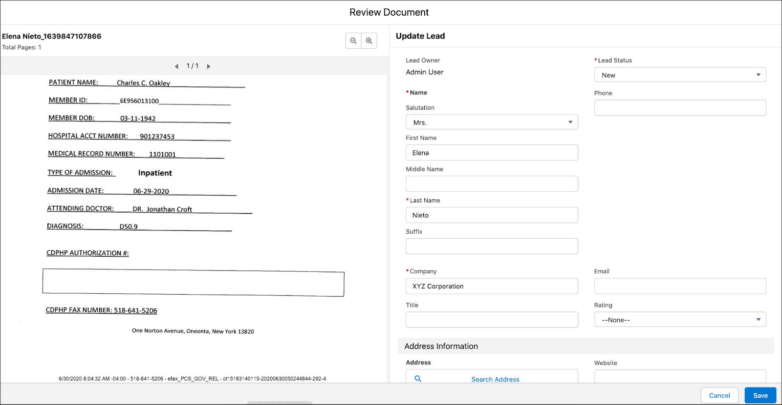 The Review Document window that allows manual data entry into data fields.