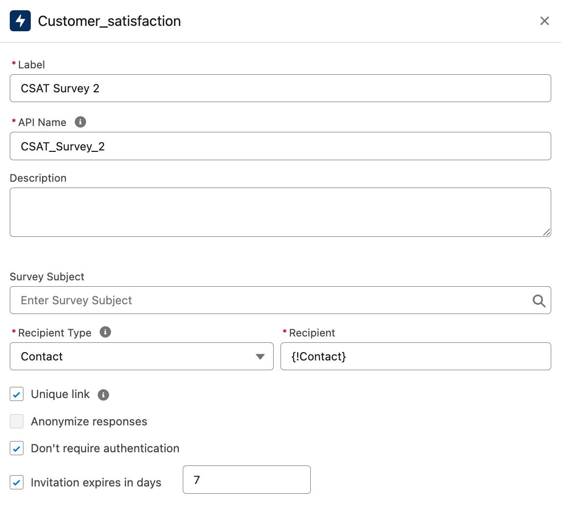 The Customer_satisfaction panel showing the values entered in the Recipient Type and Recipient fields.