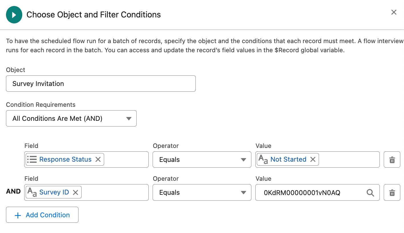 The Choose Object and Filter Conditions panel showing the fields filled in.
