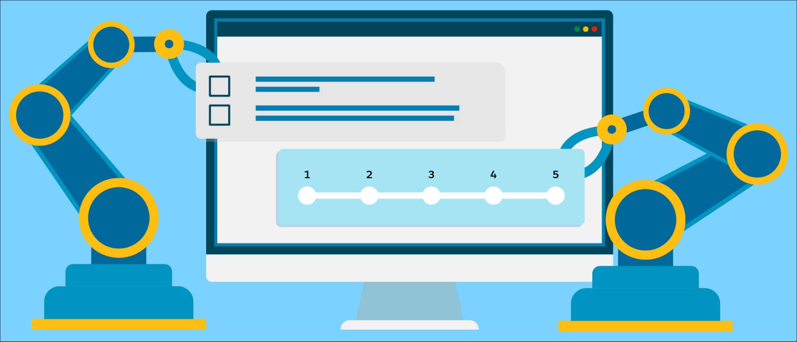 An image depicting the automation of surveys. Two robotic hands are adjusting survey elements on a computer screen.