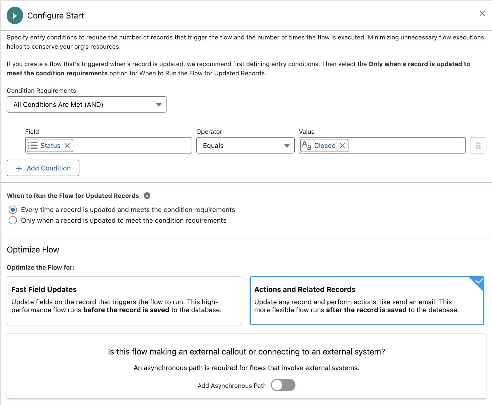 The Configure Start panel showing the configuration of a flow in the Flow Builder to identify service cases marked as Closed.