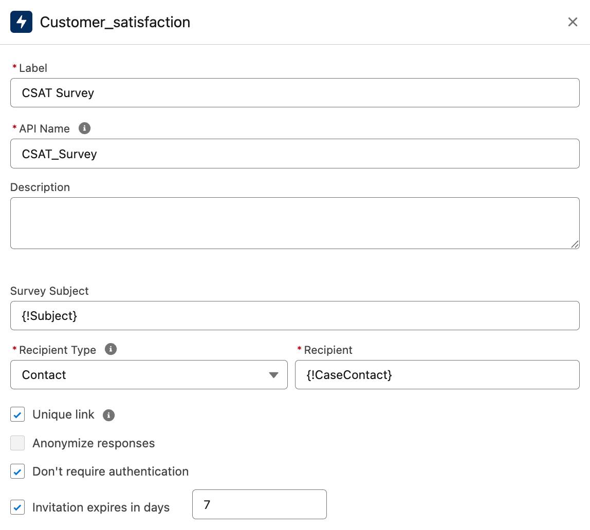 The Customer_satisfaction core action window with the Survey Subject, Recipient Type, and Recipient fields filled in.
