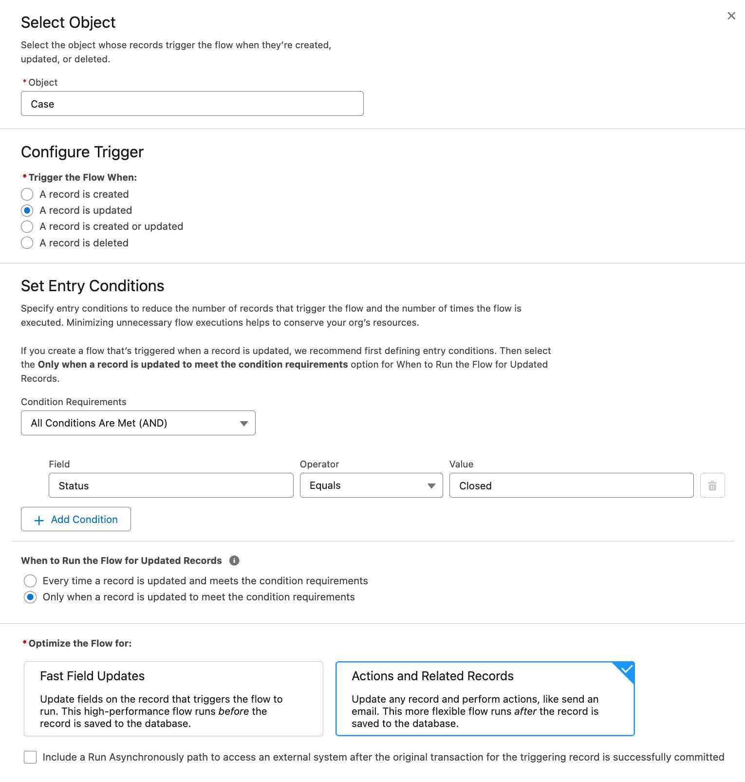 The Configure Start panel showing the configuration of a flow in the Flow Builder to identify service cases marked as Closed.