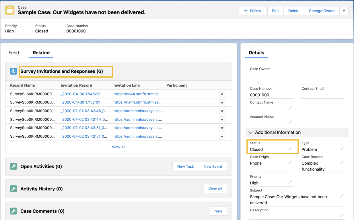 A case record page showing survey invitations and responses and the status as closed.