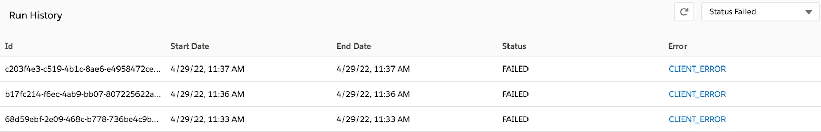 3 つの失敗したインスタンスの [Id (ID)]、[Start Date (開始日)]、[End Date (終了日)]、[Status (状況)]、エラー情報が表示されている、フローの [Run History (実行履歴)]