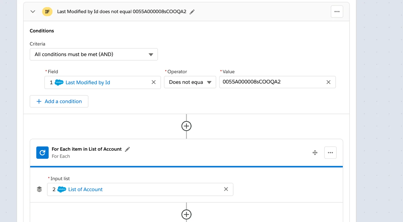 Second If branch on condition the updating user isn’t the Composer user with For Each block looping over list of accounts from step 2 of flow.