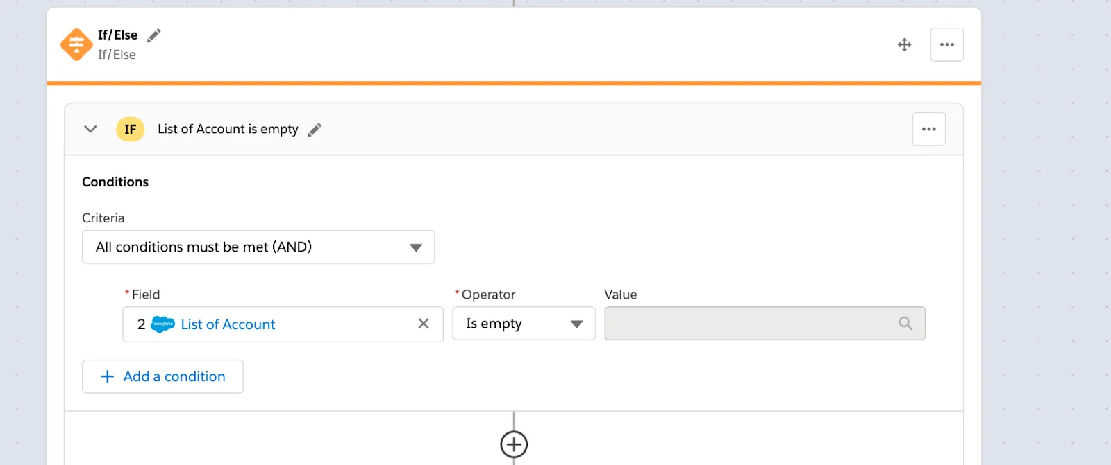 If/Else block with If branch showing condition list of accounts in step 2 of flow is empty.