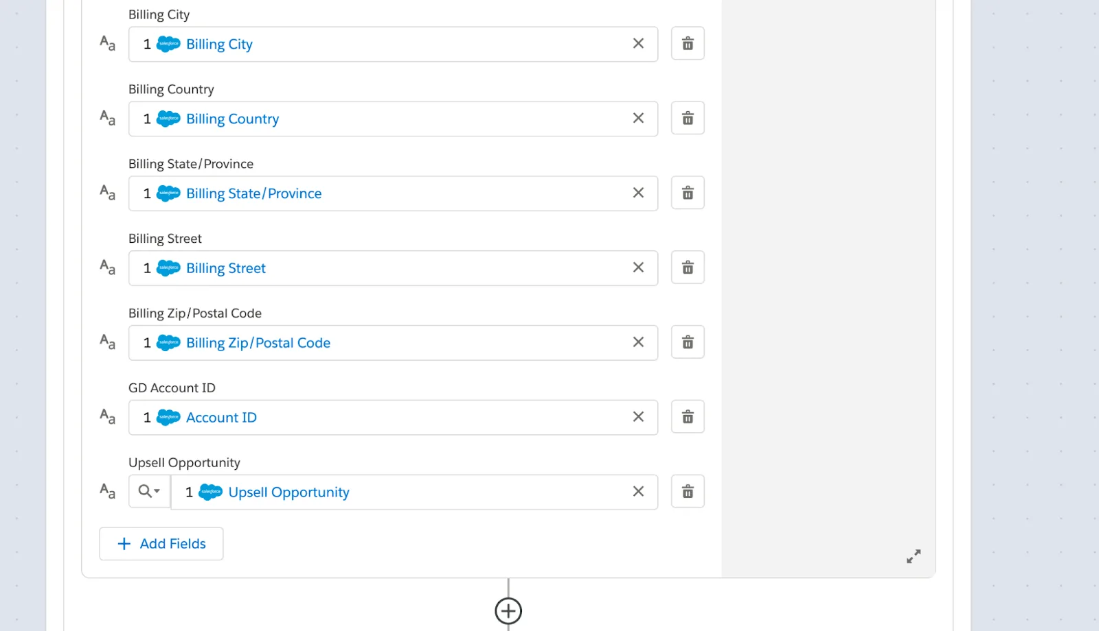 Rest of step 3 with fields such as billing street, billing city, GD account ID, and upsell opportunity.