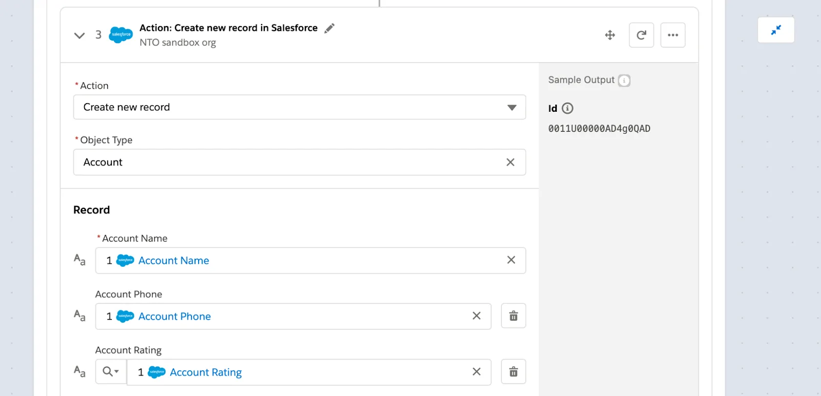 Step 3 of flow in If branch to create a new account with fields such as account name, phone, and rating.