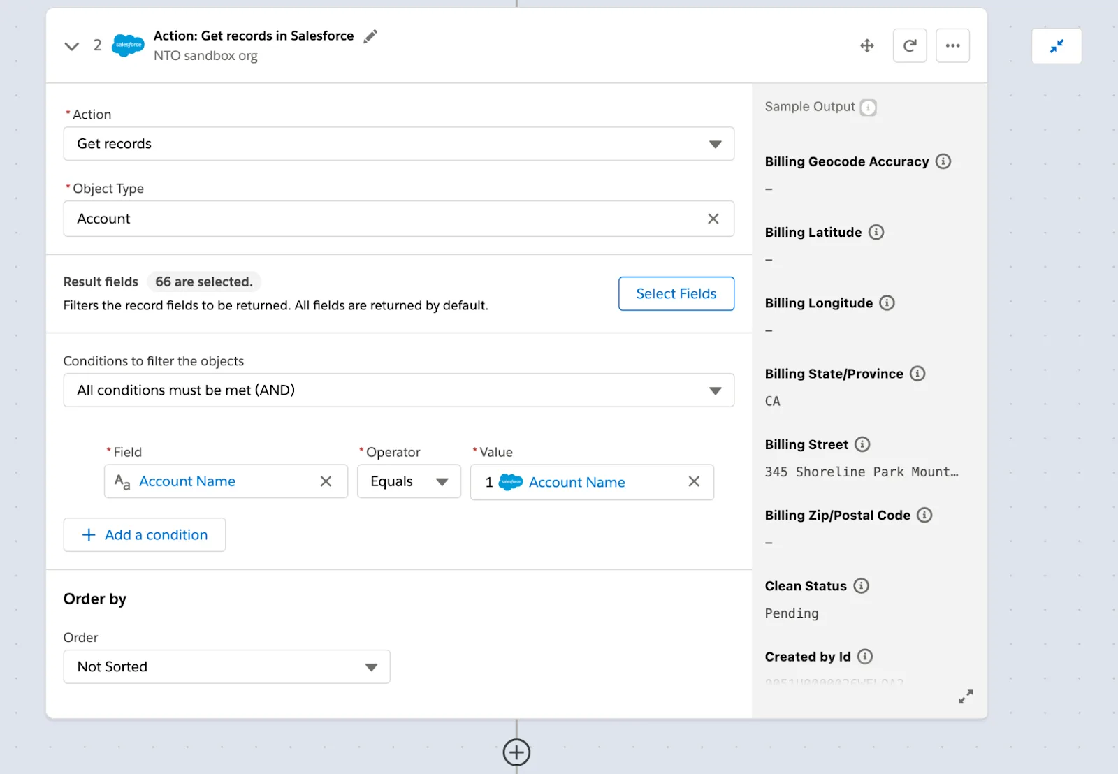 Step 2 of flow to get all NTO accounts on condition account name must match GD account name in step 1 of flow.