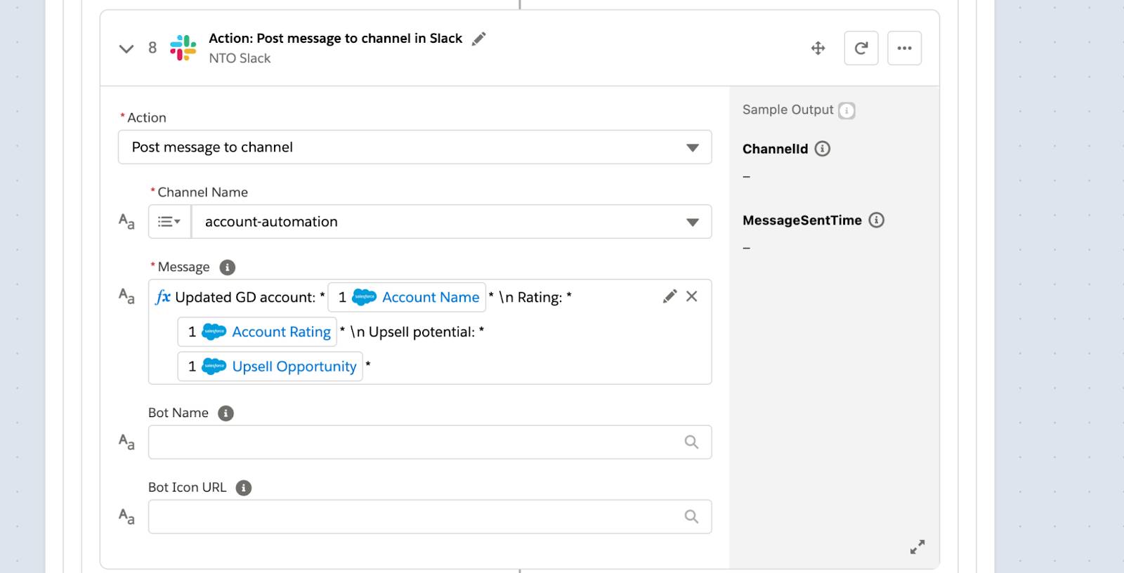 Step 8 of flow to post a message to account-automation channel about updated GD account.