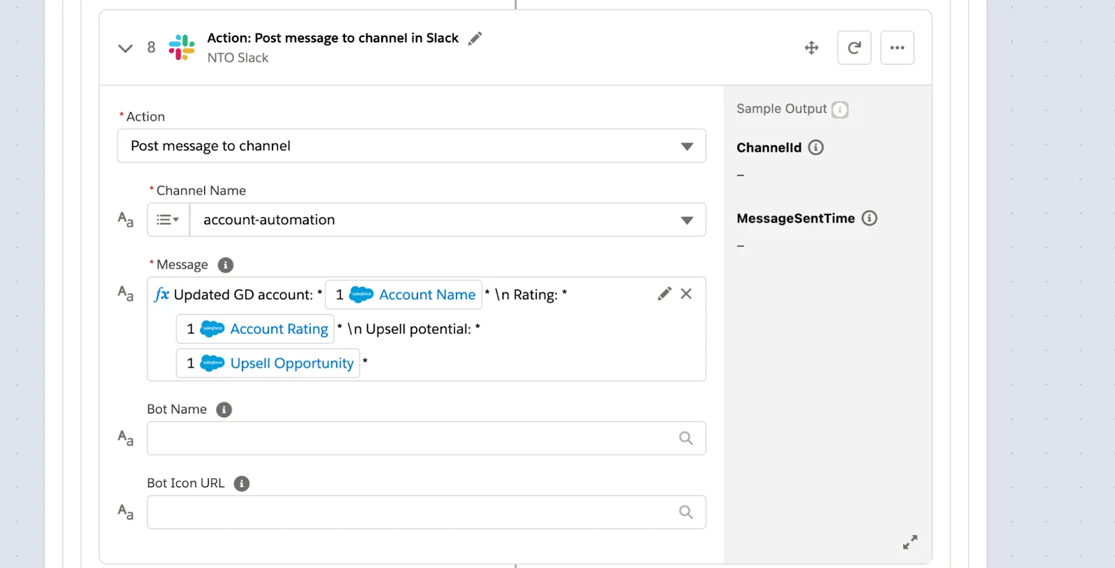 Step 8 of flow to post a message to account-automation channel about updated GD account.