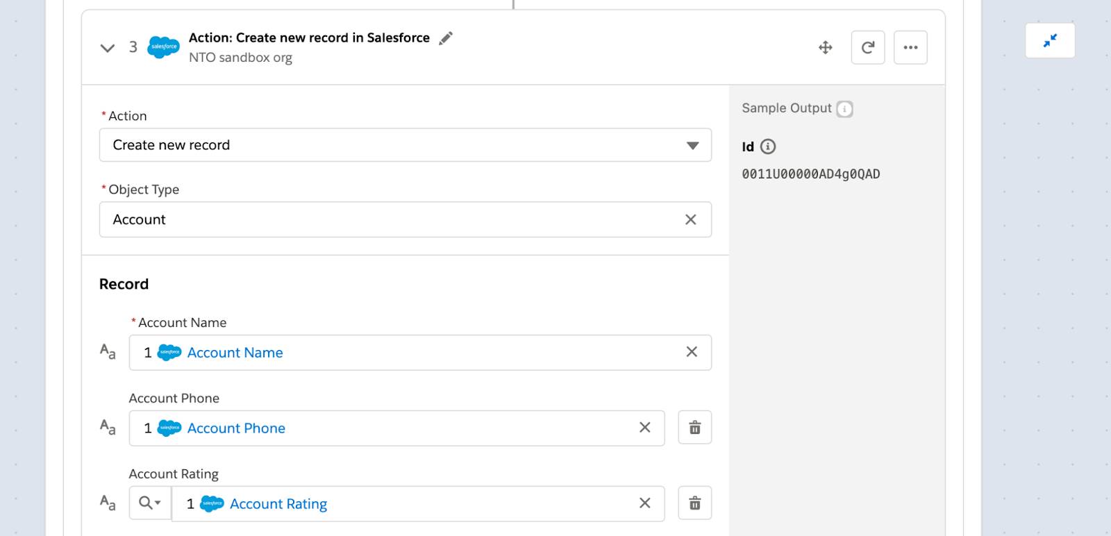 Step 3 of flow in If branch to create a new account with fields such as account name, phone, and rating.