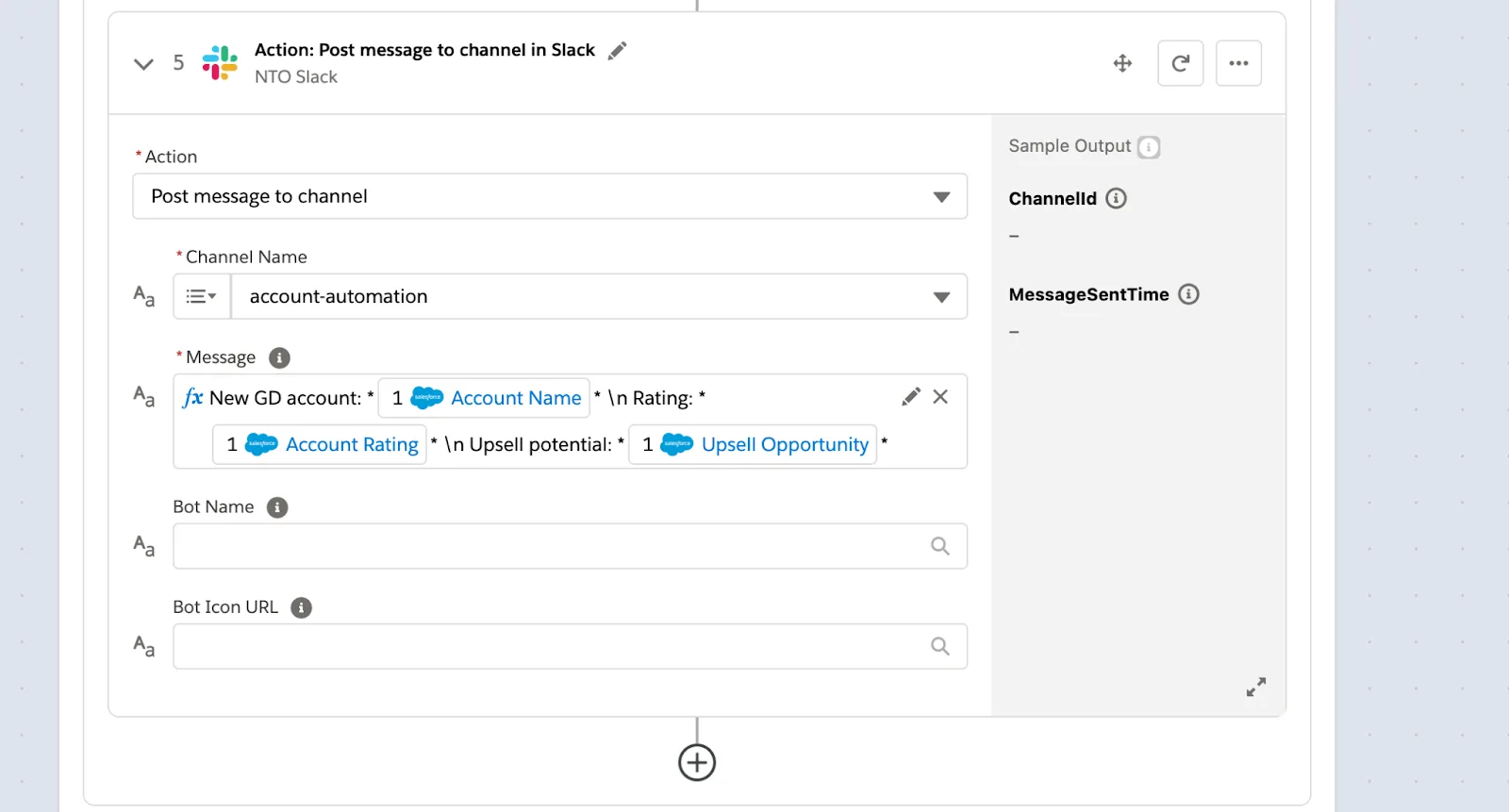 Step 5 of flow to post a message to account-automation channel about new GD account.