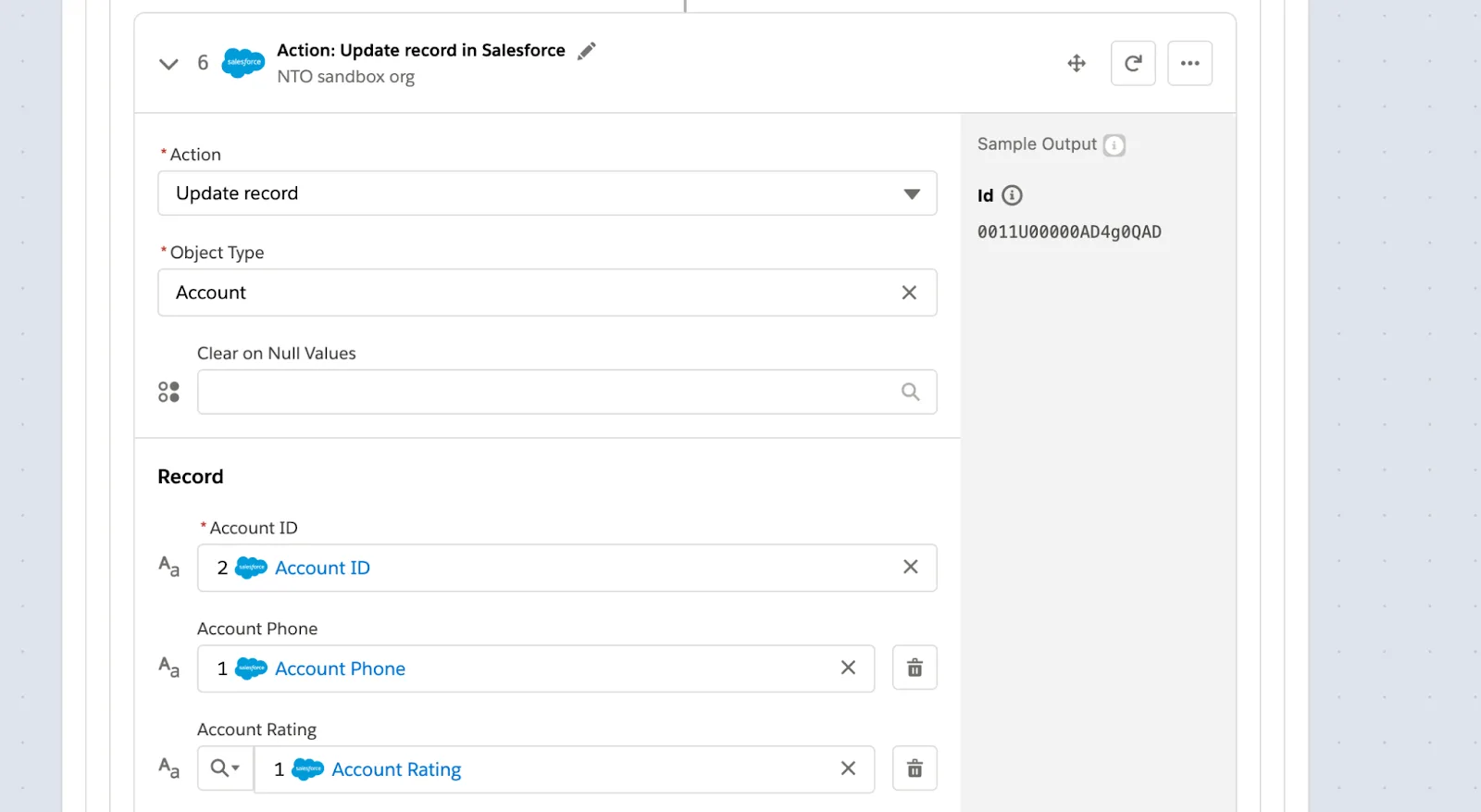 Step 6 of flow in second If branch to update NTO account with fields such as account phone and rating.