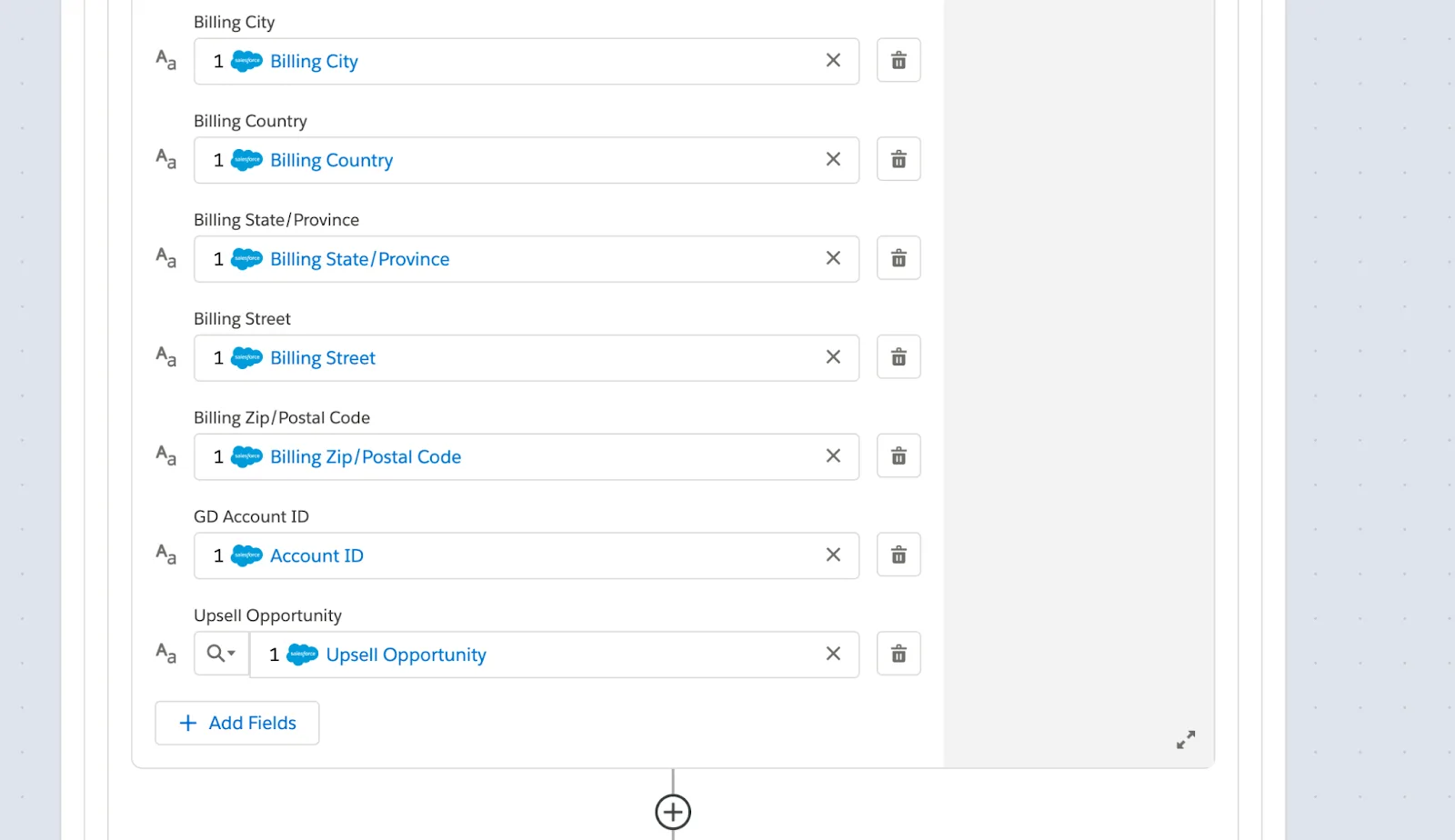 Rest of step 6 with fields such as billing street, billing city, GD account ID, and upsell opportunity.