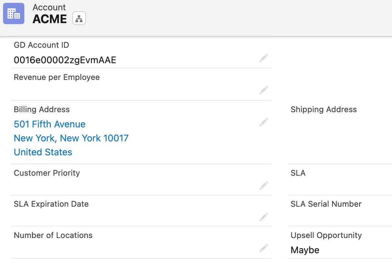 NTO ACME account showing GD account ID, billing address, and upsell opportunity.