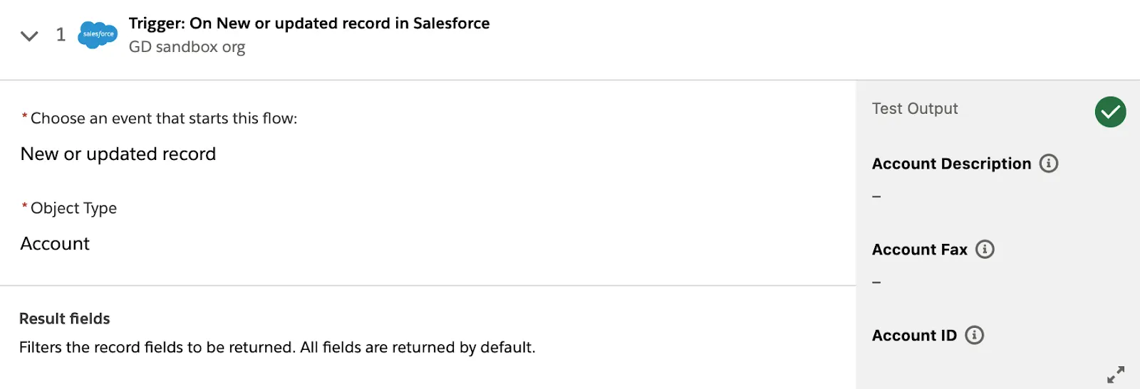 Tested flow showing a green check mark on step 1.