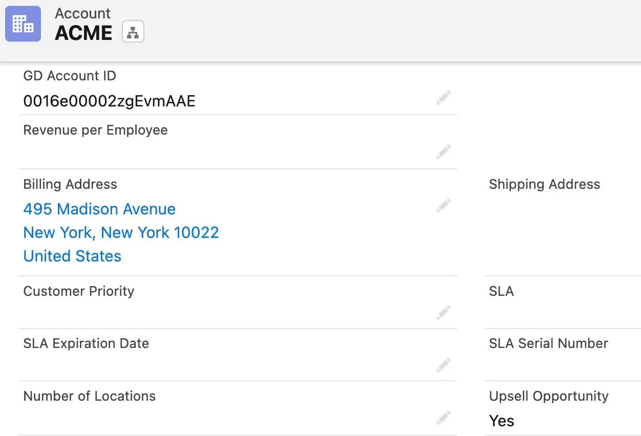 NTO ACME account showing GD account ID, billing address, and upsell opportunity.