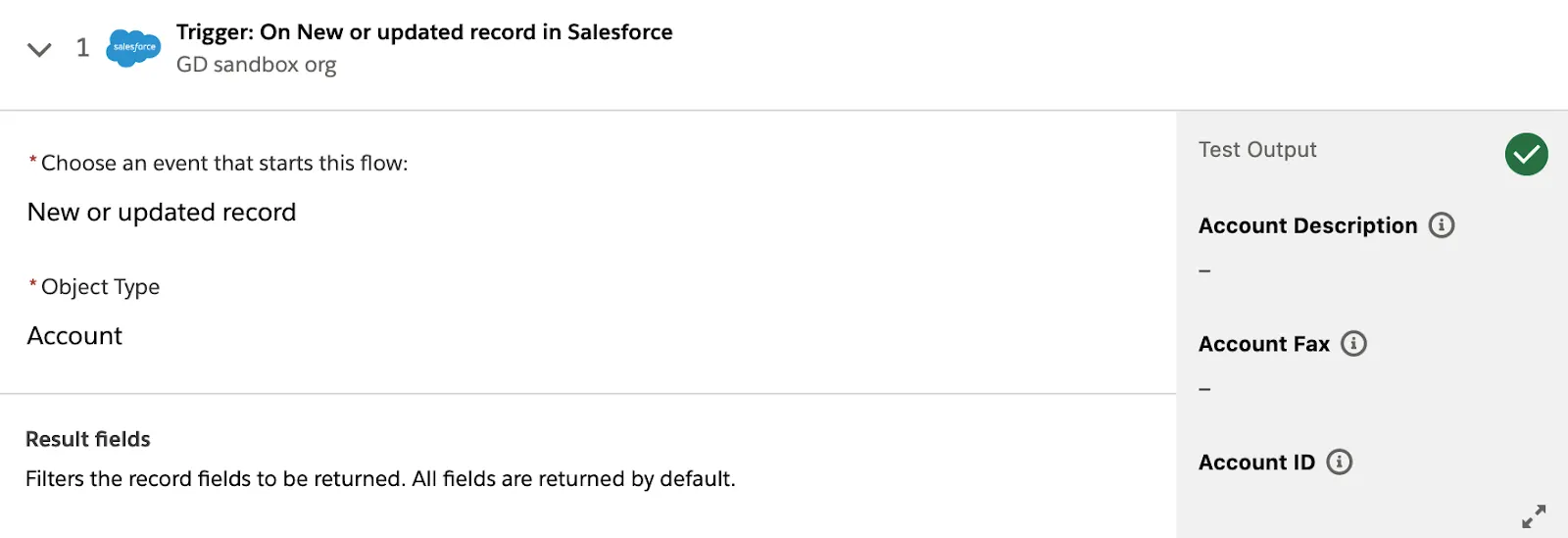 Tested flow showing a green check mark on step 1.