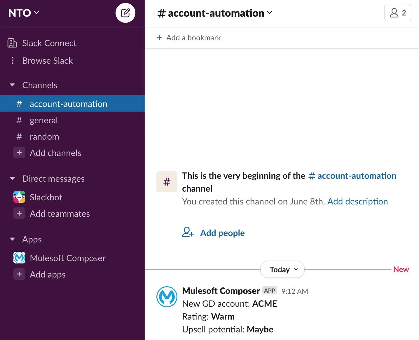 account-automation channel showing new GD account notification.