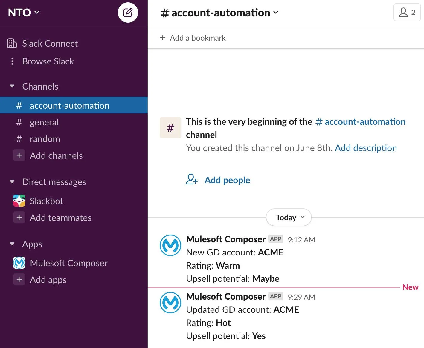 account-automation channel showing updated GD account notification.