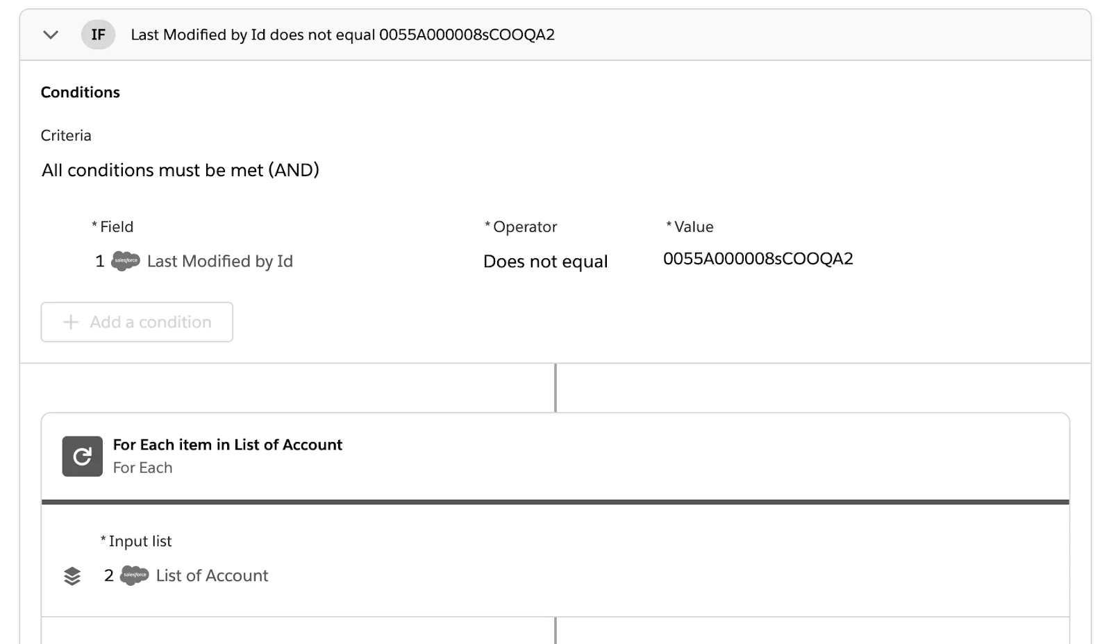 If ブランチと For Each ブロックが表示されているテスト済みフロー。