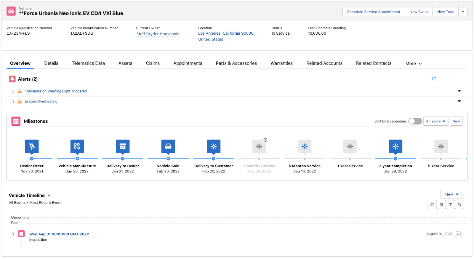 A customized Vehicle page in Automotive Cloud.