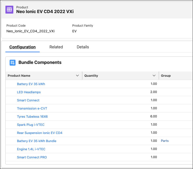 The Configuration tab of a product showing all the components in a bundle.