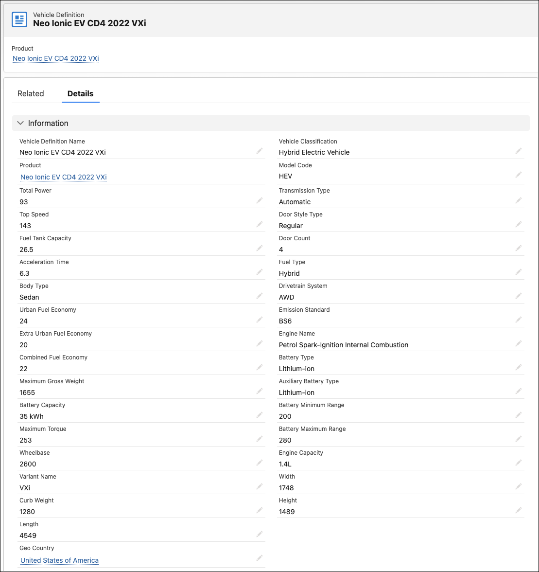 A Vehicle Definition record in Automotive Cloud.