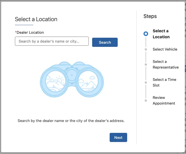 The guided flow for booking test drive appointments in Automotive Cloud.