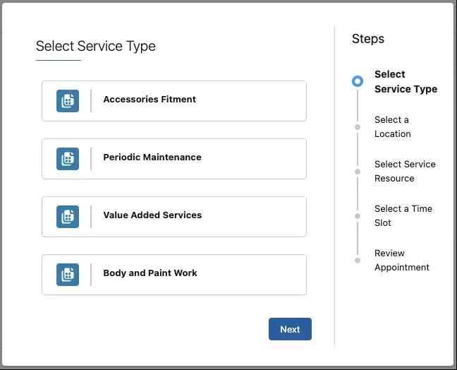 The guided flow for booking vehicle service appointments in Automotive Cloud.