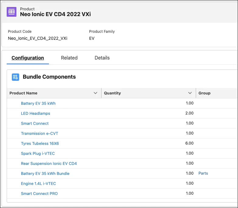 The Configuration tab of a product showing all the components in a bundle.